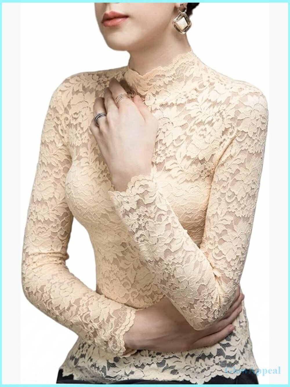 Long Sleeve Lace Blouse Sheer Floral Mesh Turtleneck Going Out Top